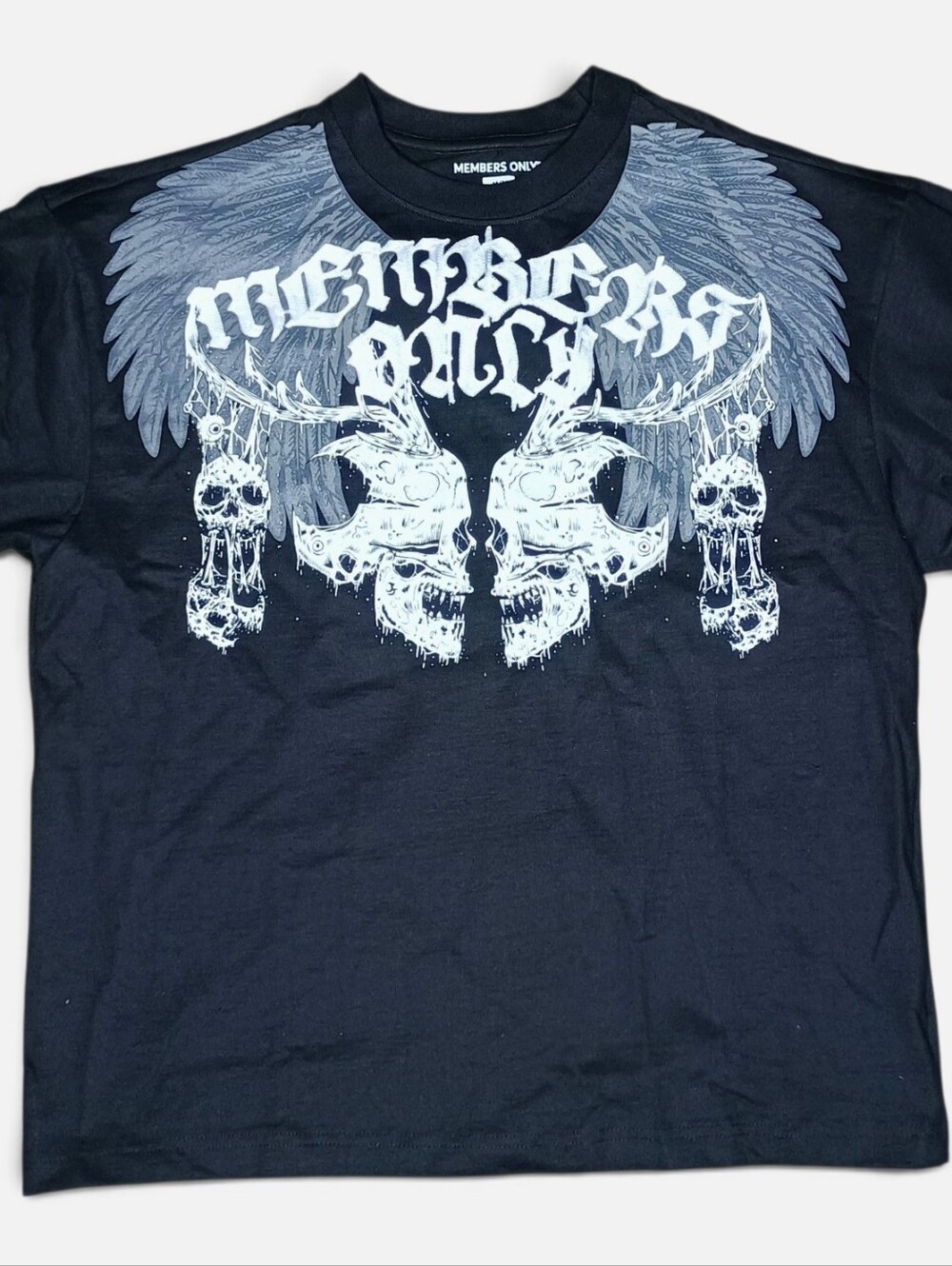 Members Only Black Tee with White Wing & Skull Graphic